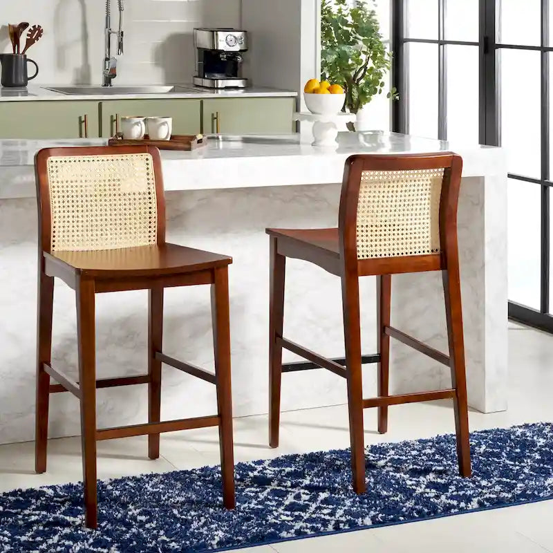 Coastal Rattan Back Bar Stool with Solid Wood Frame Natural Finish