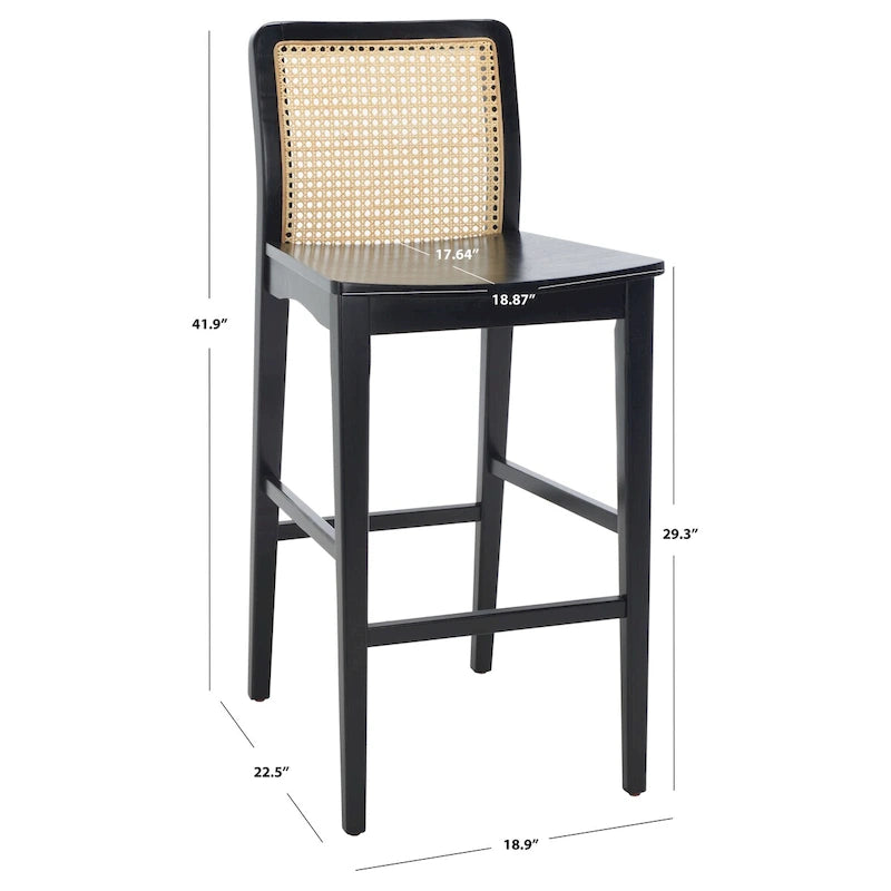 Coastal Rattan Back Bar Stool with Solid Wood Frame Natural Finish