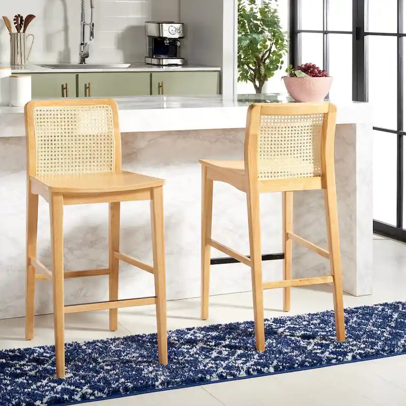 Coastal Rattan Back Bar Stool with Solid Wood Frame Natural Finish