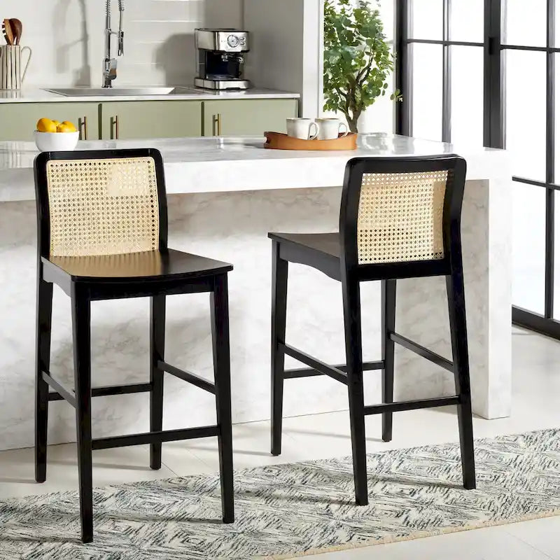 Coastal Rattan Back Bar Stool with Solid Wood Frame Natural Finish